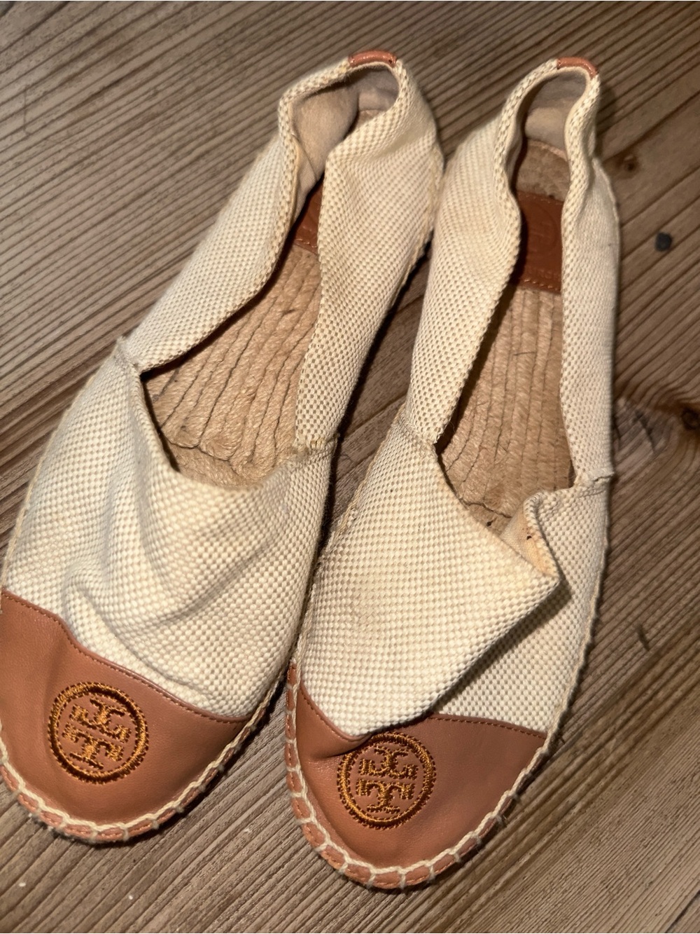 Tory Burch Cream Canvas Espadrilles with Tan Leather Toe